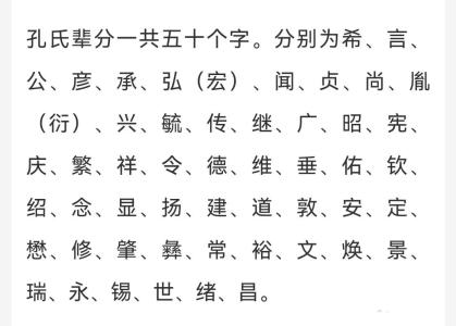 孔家家譜全部的字輩排名對照表